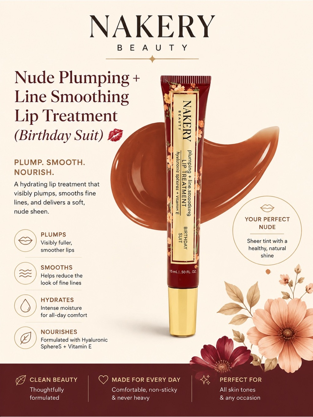 💋 Nakery Beauty Nude Plumping + Line Smoothing Lip Treatment (Birthday Suit) 💋